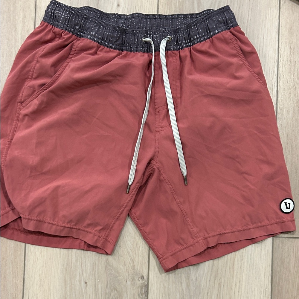 Vuori Men's Athletic Shorts in Coral and Charcoal
